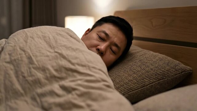 A man sleeping soundly, wrapped in a cozy duvet on a comfortable bed, his face serene in the soft ambient light of a bedside lamp, symbolizing rest and tranquility.
