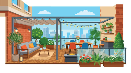 Fototapeta premium Modern Urban Rooftop Terrace Design with Outdoor Furniture Potted Plants and a Beautiful City Skyline View