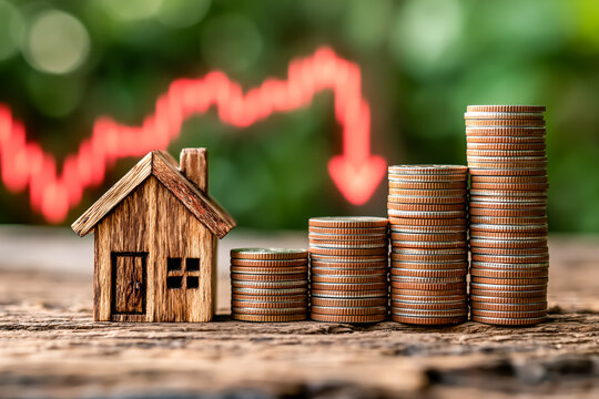 不動産投資の失敗と損失を表す木造ミニチュアハウスと下落する赤い矢印