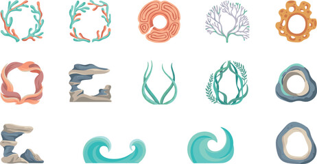 Underwater ocean coral reef and sea wave vector frames set featuring marine seaweed rocks reef formations and coastal design elements © Md