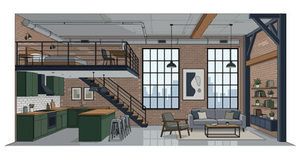 Modern Industrial Loft Apartment Interior Design with Open Plan Kitchen Living Room and Mezzanine Level Layout © hayati