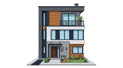 Fototapeta premium Modern Luxury Three Story Residential House Design with Balcony Flat Roof and Wooden Accents Exterior Front View
