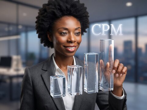 Business woman looking at digital 3d bar chart with cpm text in modern office