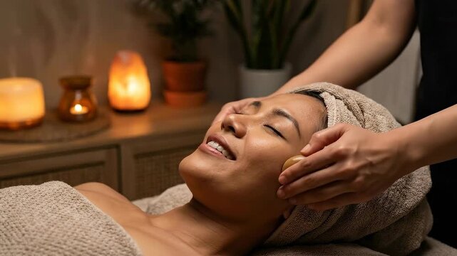 A woman enjoys a tranquil facial massage, her eyes closed in blissful relaxation amidst the soothing ambiance of a spa, enhanced by the warm glow of salt lamps.