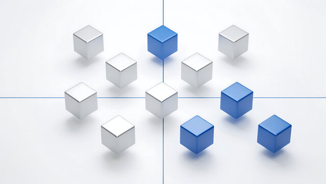 Abstract business strategy and market positioning chart concept with 3D claymorphic white and blue cubes distributed on grid axis