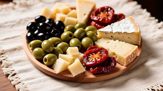 Gourmet cheese platter with olives and sun-dried tomatoes, rustic antipasto appetizer board, Mediterranean deli snack plate for catering