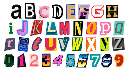 Creative ransom style alphabet and number collection made of mixed cutout letters, isolated on transparent background. Ideal for collage typography, magazine headline design, posters, stickers © The Stock King