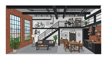 Modern industrial loft apartment interior with red brick walls mezzanine floor and stylish urban furniture © hayati