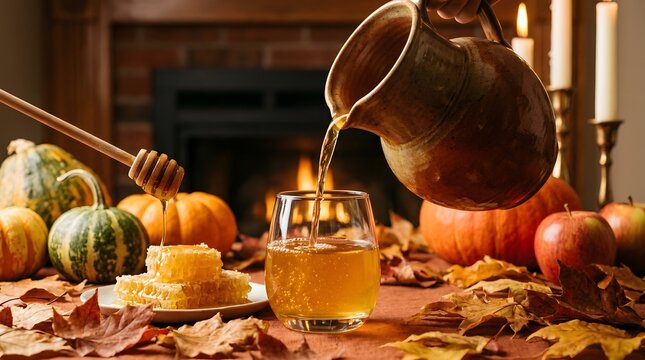 Mead being poured into a glass Honey wine pouring for autumn toast perfect for Mead Day 