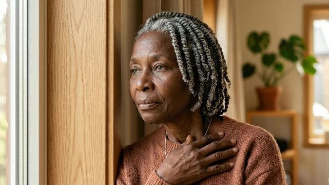 An elderly woman with distinctive gray braids gazes thoughtfully out a window, her hand resting on her chest, conveying a sense of contemplation and inner reflection.