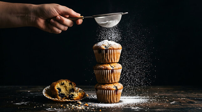 Hand sifting powdered sugar over stack of fresh blueberry muffins with homemade powdered breakfast delicious blueberry background culinary preparation