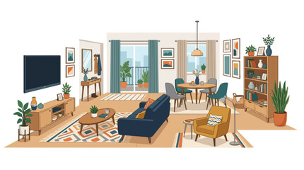 Fototapeta premium Modern Open Plan Living Room Interior Featuring Blue Sofa Yellow Armchair and Balcony View House Decor