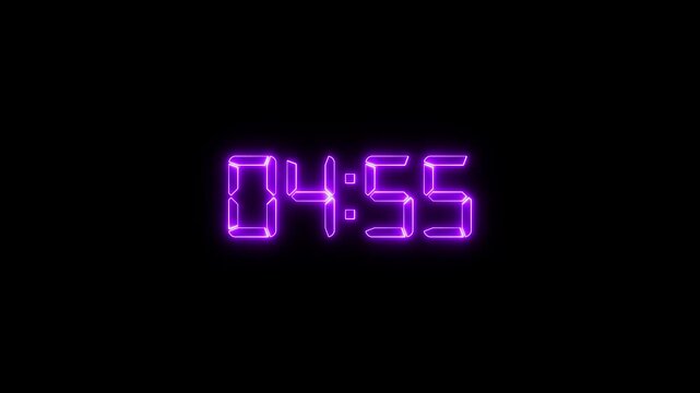 5 minutes countdown digital clock timer neon glowing animation