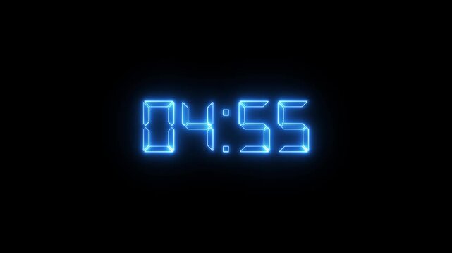 5 minutes countdown digital clock timer neon glowing animation