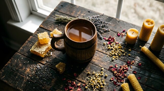Warm mead drink on wooden table. honey and spice ingredients nearby perfect for Mead Day 