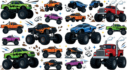 Monster Truck Cartoon Collection with Off Road Pickup Trucks, Big Wheel Racing Vehicles and Extreme Offroad Adventure Vector Set © Danial