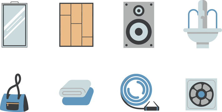 Set of home interior and gym icons including mirror, wood floor, speaker, water fountain, sports bag, towels, mat, and ventilation fan