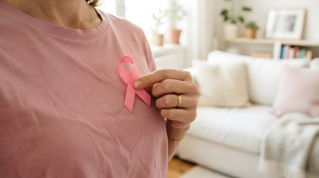 Breast cancer awareness month woman wearing pink ribbon for support early detection