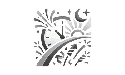 Midnight clock striking twelve with fireworks and stars background. © putry
