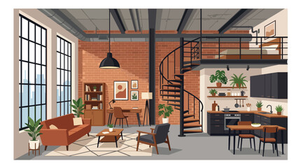 Modern Industrial Loft Apartment Interior with Spiral Staircase Brick Wall Kitchen and Living Room Design © hayati