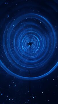 Blue Spiral Tunnel Cybersecurity Abstract Digital Vortex Starry Dark Background with Blue Concentric Ring Tunnel and Star Field Glow, Blue Digital Tunnel with Glowing Ring and Particle Stream