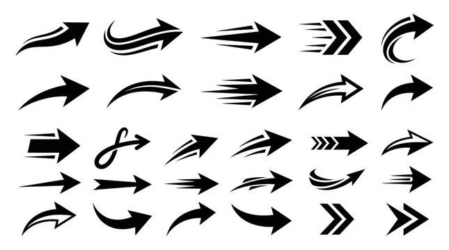 Dynamic collection of black vector arrow symbols in various modern styles, representing forward movement, speed, direction, and progress, ideal for diverse graphic design and user interface elements