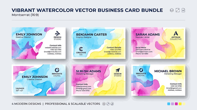 Colorful Abstract Watercolor Business Card Templates Bundle