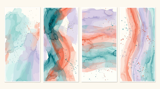 Abstract Watercolor Background Set with Pastel Fluid Ink Washes and Soft Organic Shapes for Modern Graphic Design
