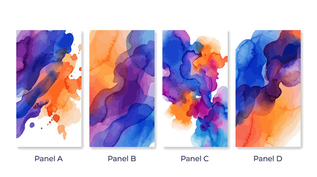 Set of Four Abstract Watercolor Background Panels Featuring Vibrant Alcohol Ink Blending Techniques for Modern Artistic Wall Decor and Graphic Design