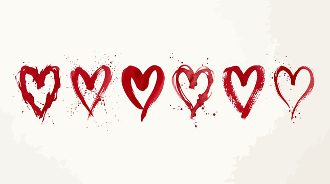 Set of six unique hand drawn red heart illustrations with artistic watercolor texture and dry brush strokes isolated on a light background