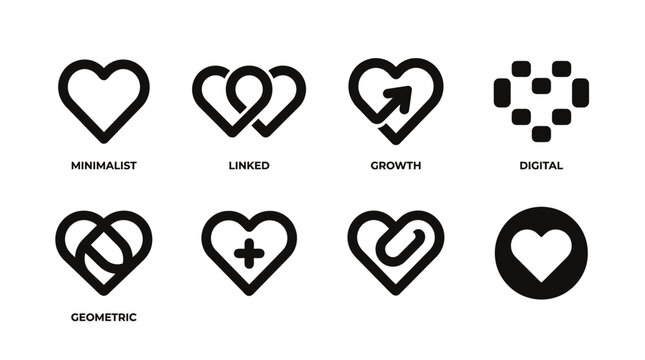 Set of minimalist heart line icons and creative love logo templates in vector style