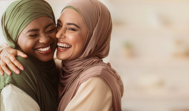Portrait of happy Muslim women friends hugging and laughing together, expressing friendship