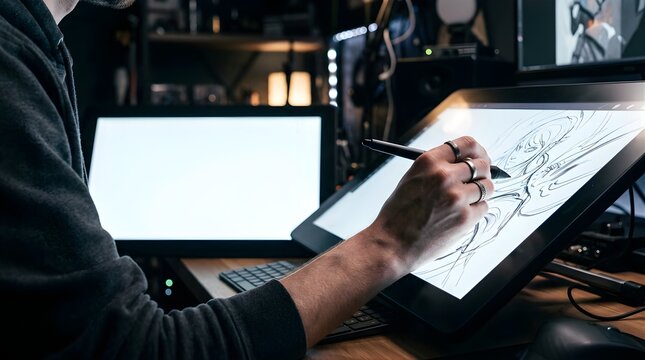 Digital artist drawing anime character on a pen display tablet in a studio