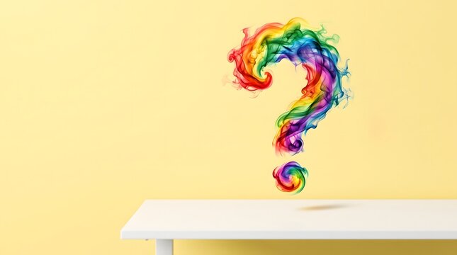 Vibrant rainbow smoke forms an intriguing question mark, conceptually floating above a clean white table on a bright yellow background, ideal for creative inquiry.