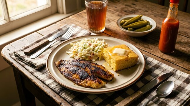 Delicious catfish dinner Grilled fish with sides and condiments perfect for National Catfish Month