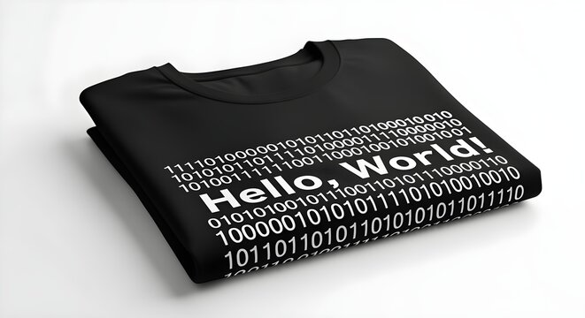 A black t-shirt with the binary code for "Hello, World!" printed on it, folded neatly on white.