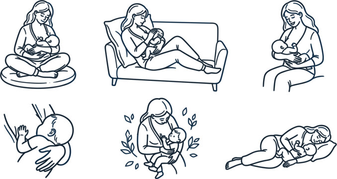 Breastfeeding mother line art icon set vector illustration featuring different maternal nursing positions cozy sofa pillow and cradle