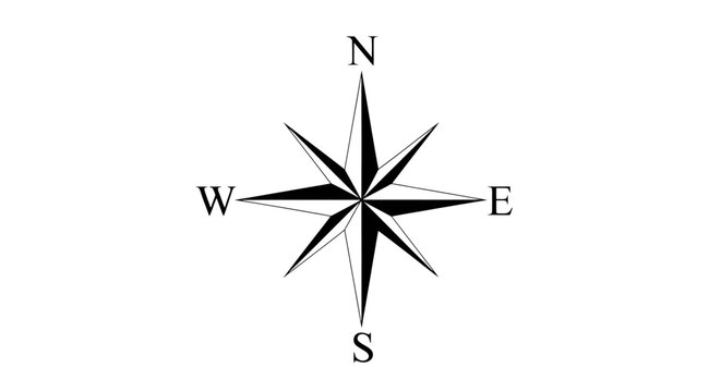 Vintage nautical compass rose vector, classic wind rose with cardinal directions, black and white navigation symbol for maps and travel design
