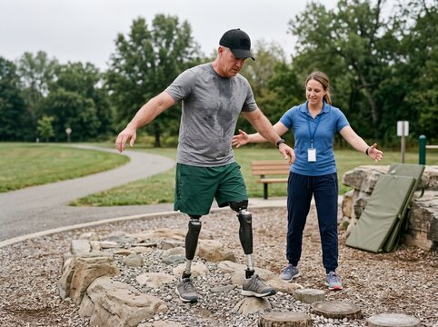 A man with prosthetic legs practices walking on rocks as a woman guides him in a park. They focus on balance and movement. The green space has trees and a path in the background