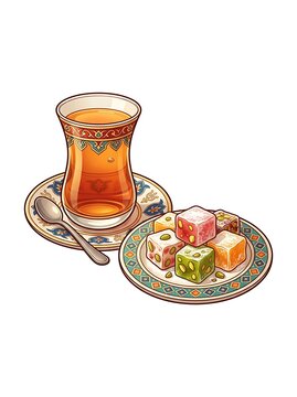 Traditional tea and turkish delight treats isolated on white