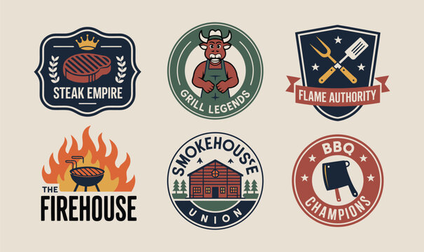Vintage barbecue and grill badges vector set with retro typography