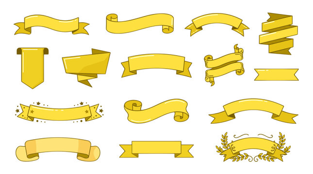 Collection of yellow ribbon banners and scrolls in various styles for decoration and design