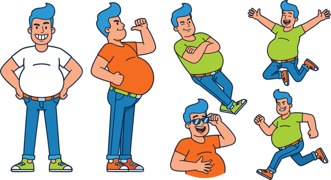 Overweight man character vector illustration set featuring plus size guy with big belly posing jumping and running