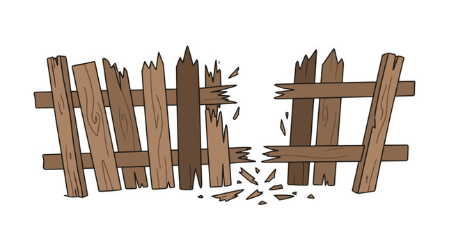 Broken wooden fence with splinters and debris on ground, damaged barrier in outdoor environment