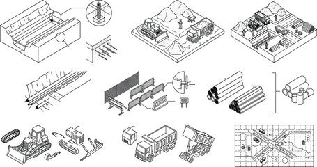 Civil Engineering and Road Construction Isometric Line Art Vector Sketches Icon Set for Urban Projects © Mahsina
