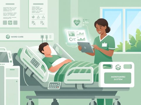 A nurse stands beside a bed in a hospital room. She uses a tablet to check the patient's vitals and health data. The patient lays under a green blanket and looks calm