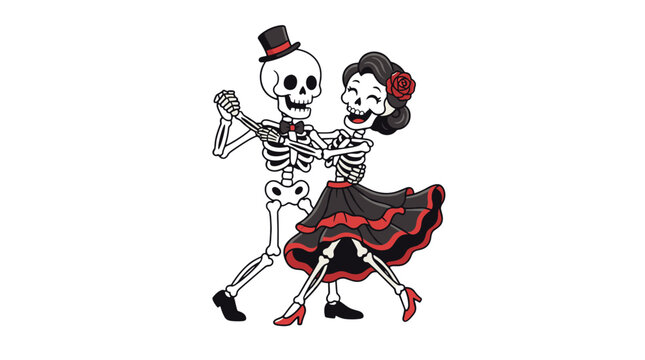 Cute skeleton couple dancing in traditional attire celebrating da de los muertos holiday