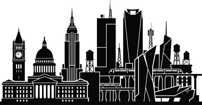 Black and white of famous European architectural landmarks Big Ben clock tower London Eiffel Tower