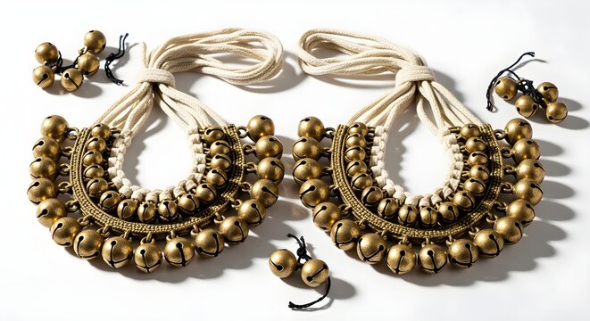 A pair of ornate, jingling Ghungroo (dance anklets), on a white surface.