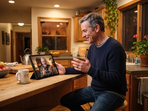 A man sits at a wooden counter in a kitchen and smiles while talking to a friend on a tablet. The room has warm lighting and plants around the windows